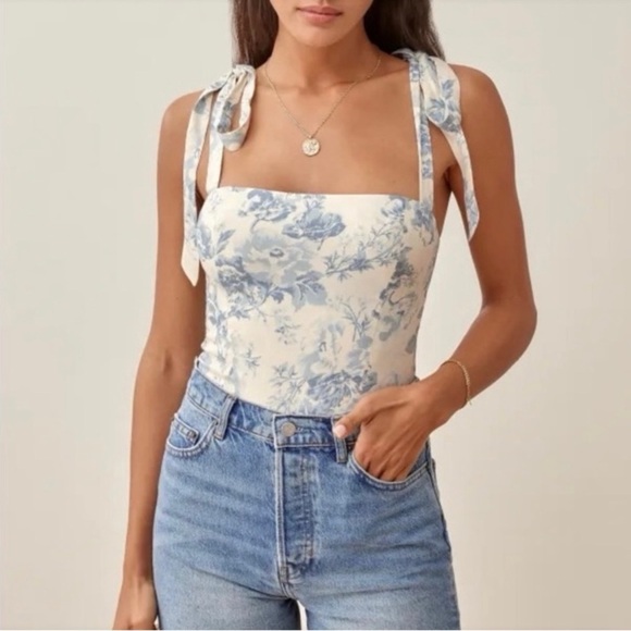 Reformation Ellora Blue Floral Top - Size 8 - Picture 1 of 7